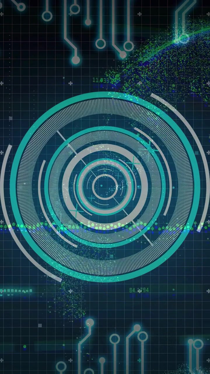 Vertical video: HUD rotating rings, sparking particle swarm and shifting waveform, showing data