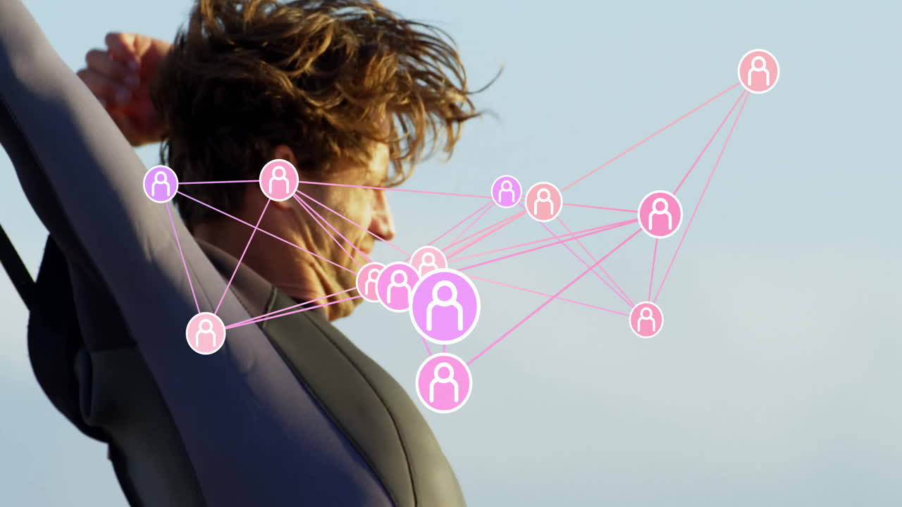 Stretching, person with animation of network connections overlay in school setting