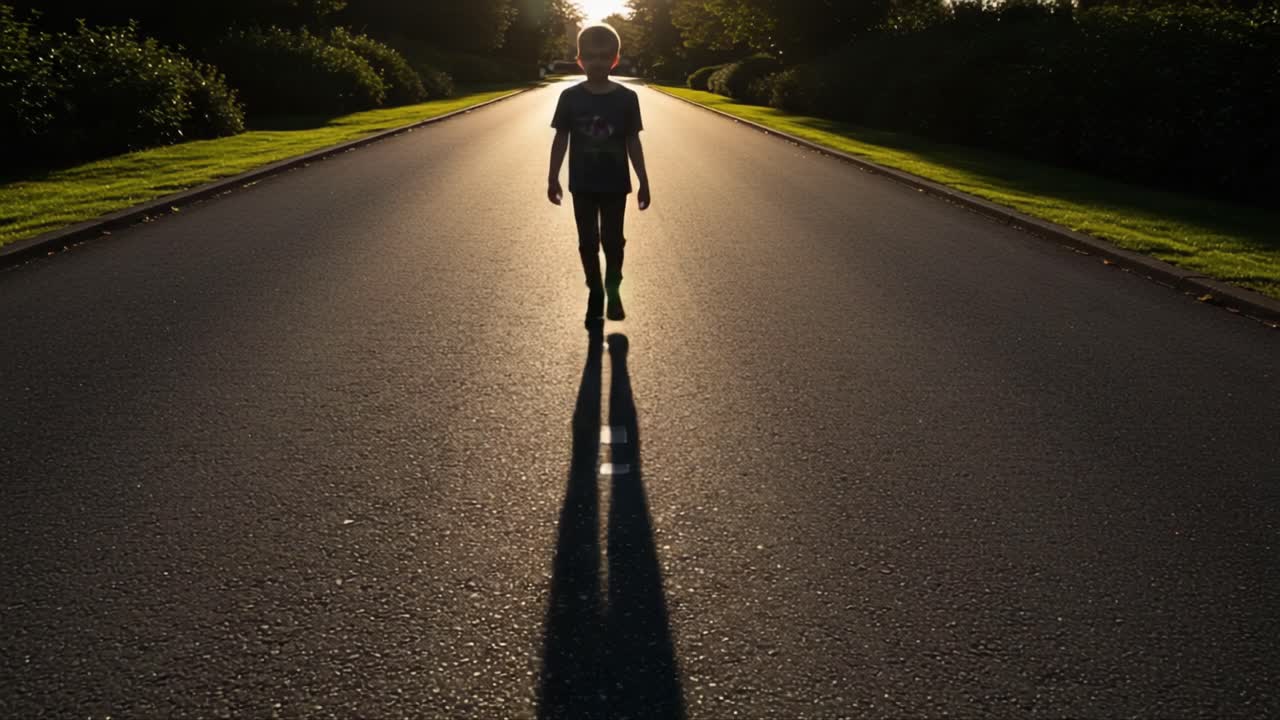 A Child Walking Alone on an Empty Road at Sunset, Capturing the Innocence and Freedom of Youth Against a Beautiful Natural Backdrop of Orange and Green Hues