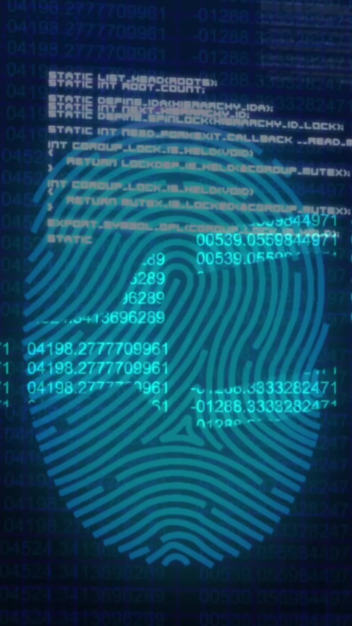 Animation of numbers forming blockchain over fingerprint and computer language on black background