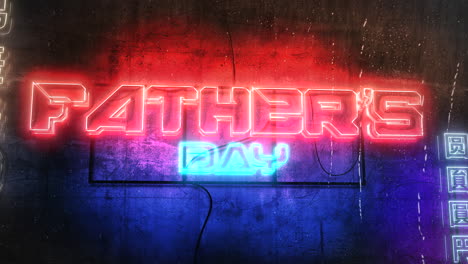 Animation-text-Fathers-day-and-cyberpunk-animation-background-with-neon-lights-on-wall-of-city