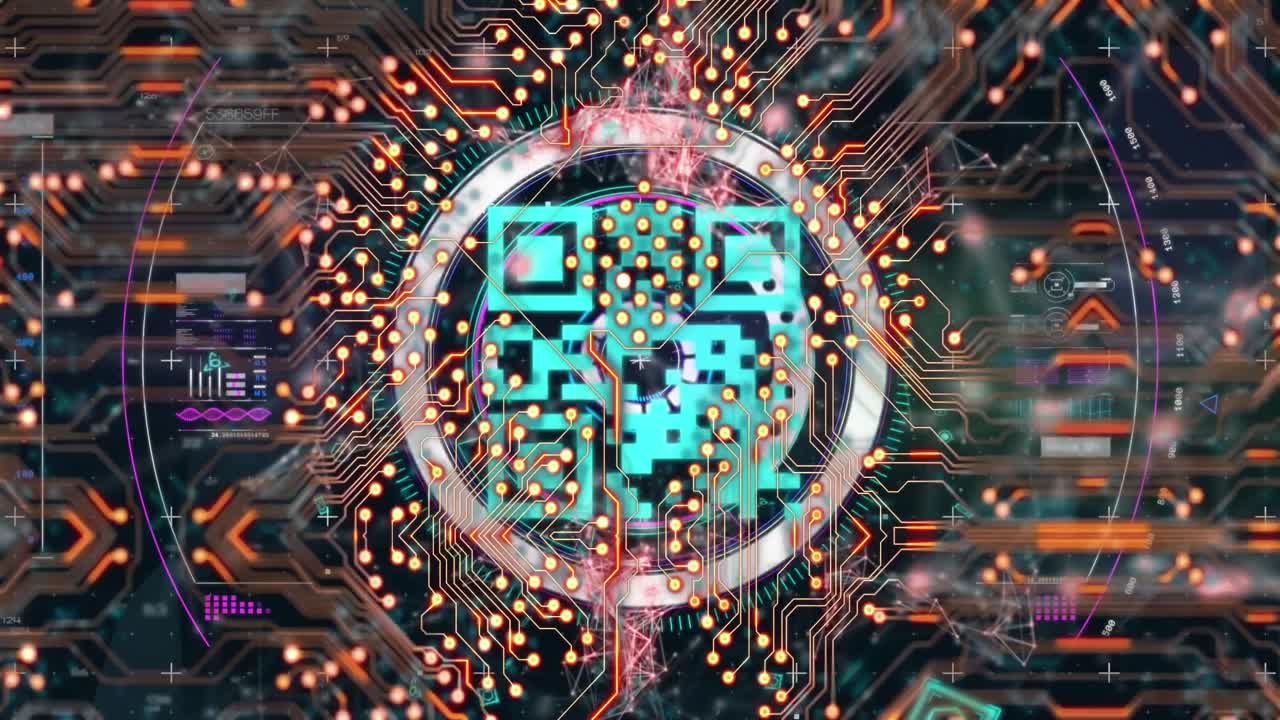 Animation of data processing and qr code over black background