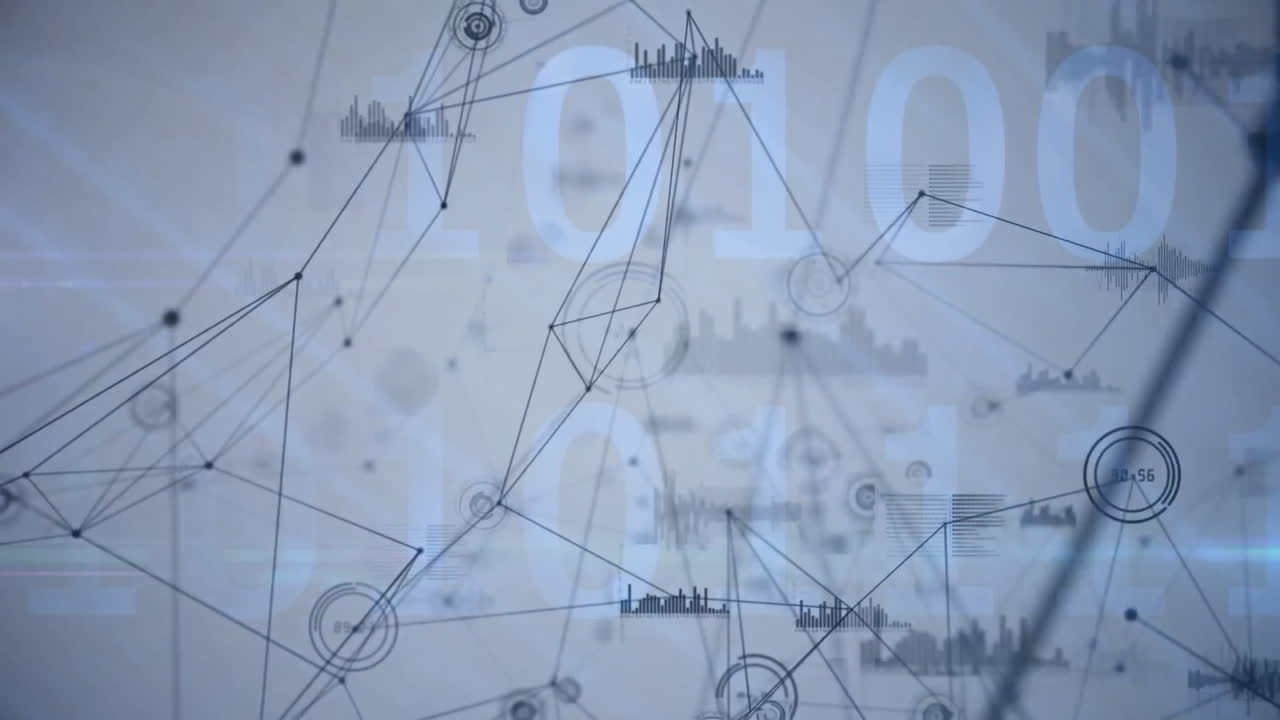 Animation of binary code and data visualization with abstract network connections