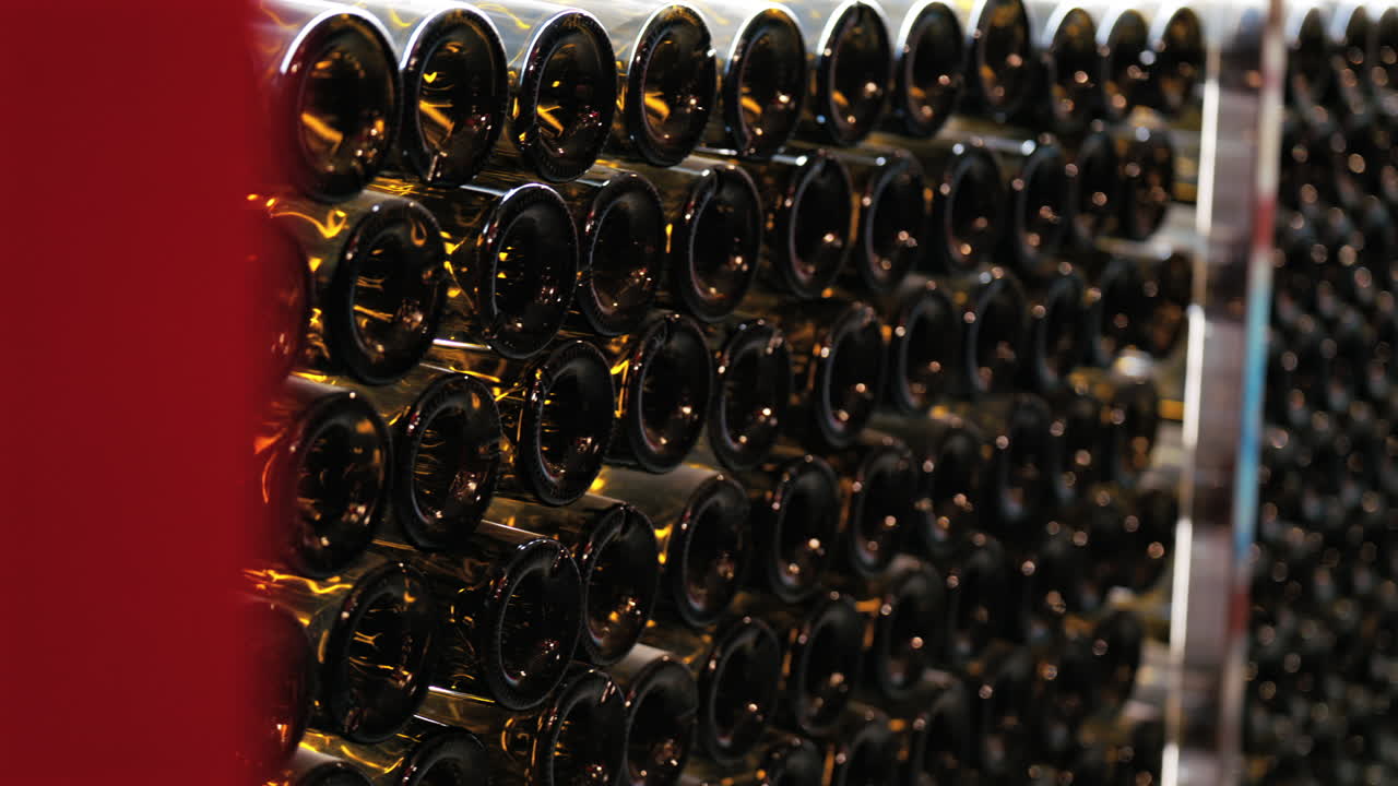 Multiple wine bottles on racks at the Chateau de Cremat winery