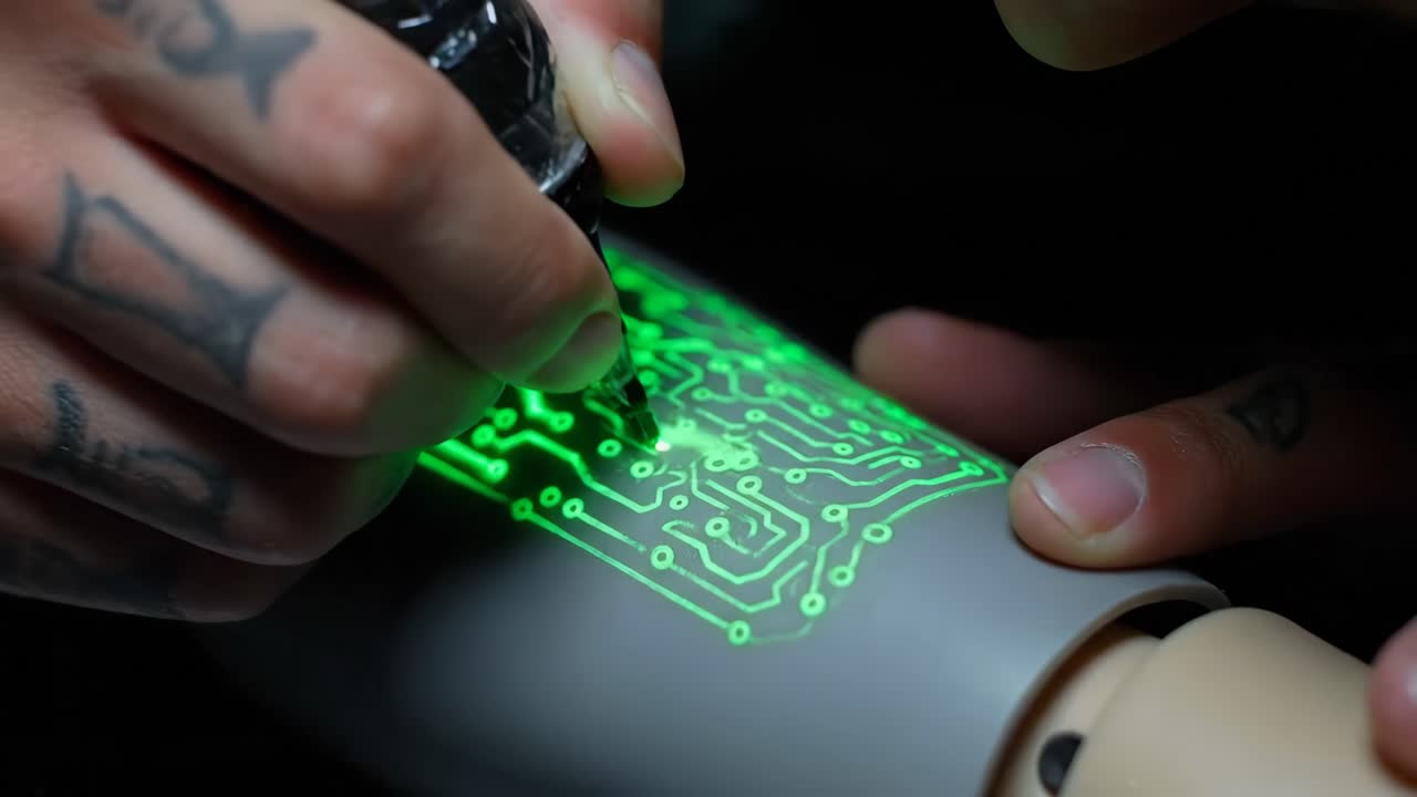 Tattooing a glowing electronic circuit design on skin
