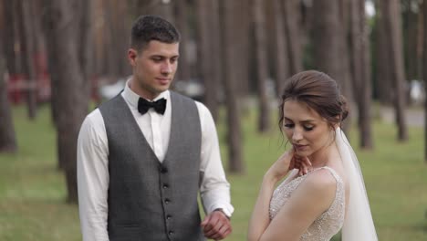 Newlyweds,-caucasian-groom-with-bride-walking,-embracing,-hugs-in-park,-wedding-couple