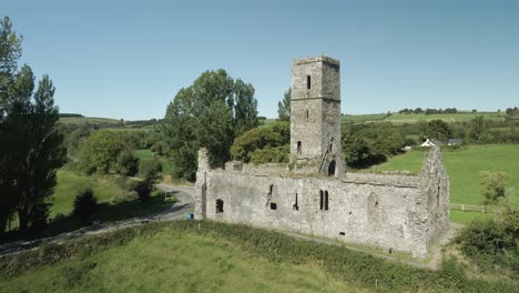 the ruins of the moor abbey near galbally village in county tipperary, ireland. aerial drone shot