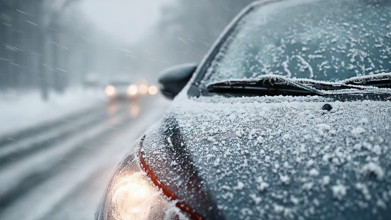 A Winter Scene Featuring a Snow-Covered Car on a Slippery Road, Depicting Challenging Driving Conditions Amidst Heavy Snowfall and Reduced Visibility