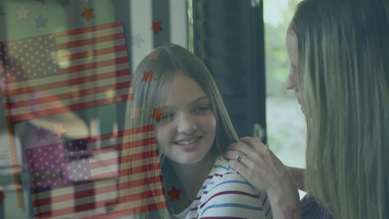 Smiling young girl with woman, American flag and stars animation overlay