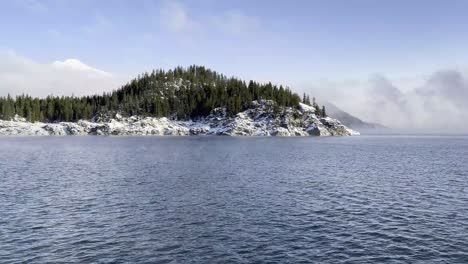 snowy peninsula covered in pine trees coast of upper arrow lake british columbia during the winter