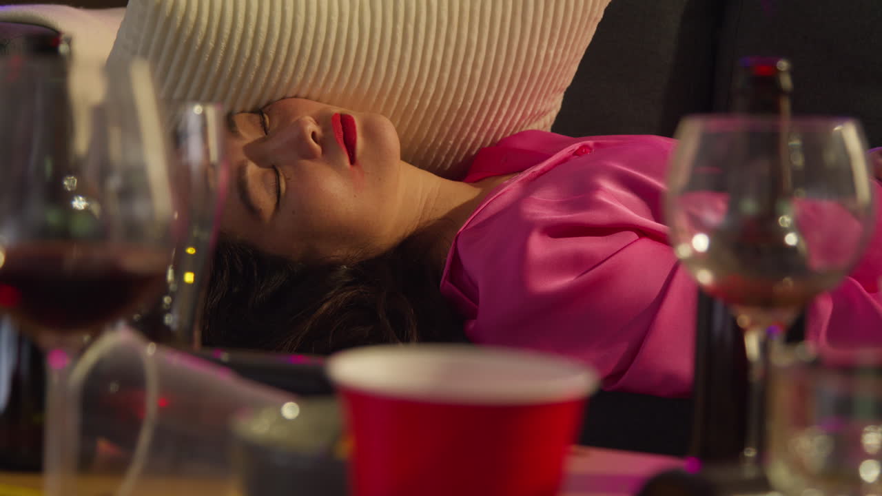 집 파티에서 술을 마신 후 소파에 쓰러진 여성의 근접 사진 숙취로 고통받는 1