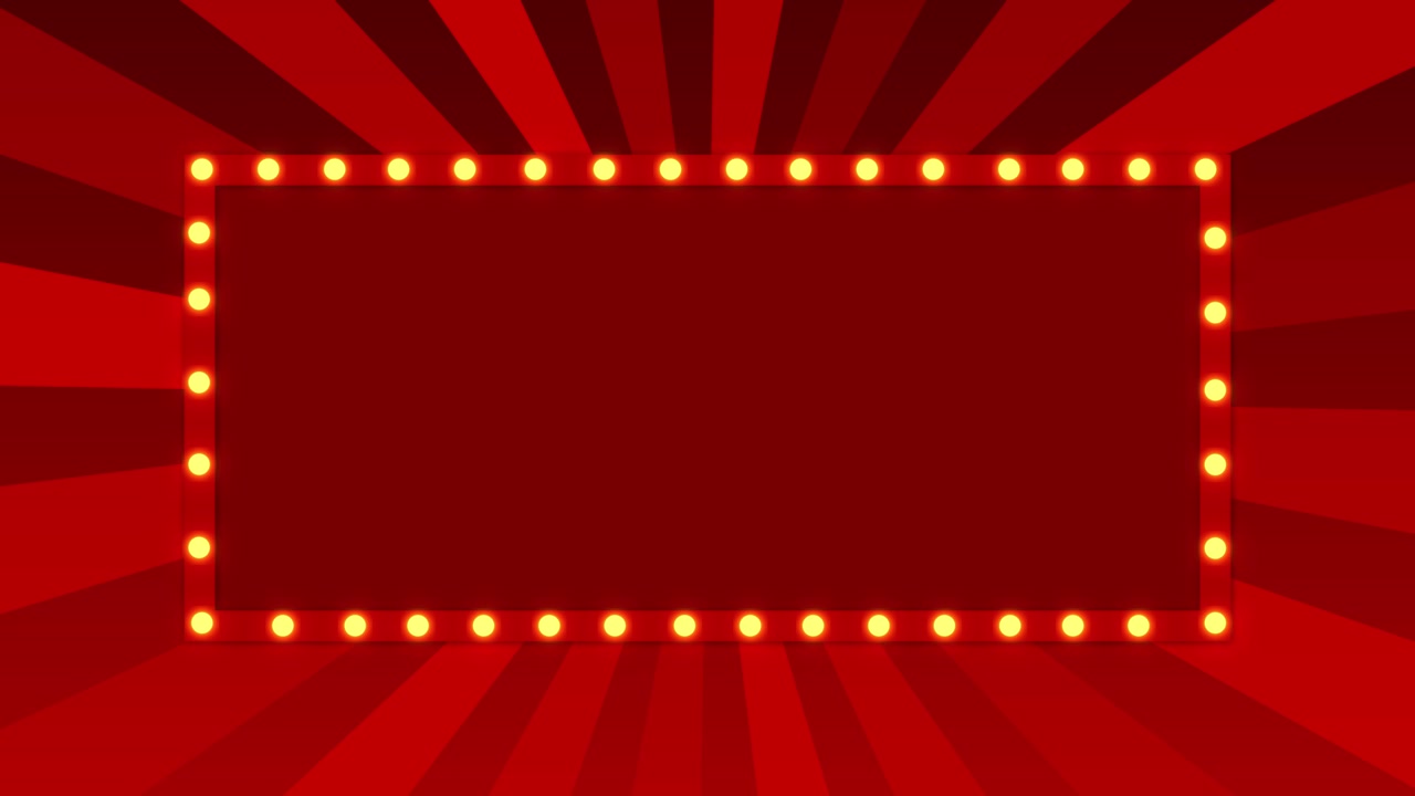 Immagine di una bacheca luminosa da cinema vintage con cornice rossa da palcoscenico, lampadine dorate luminose e un centro vuoto e prominente