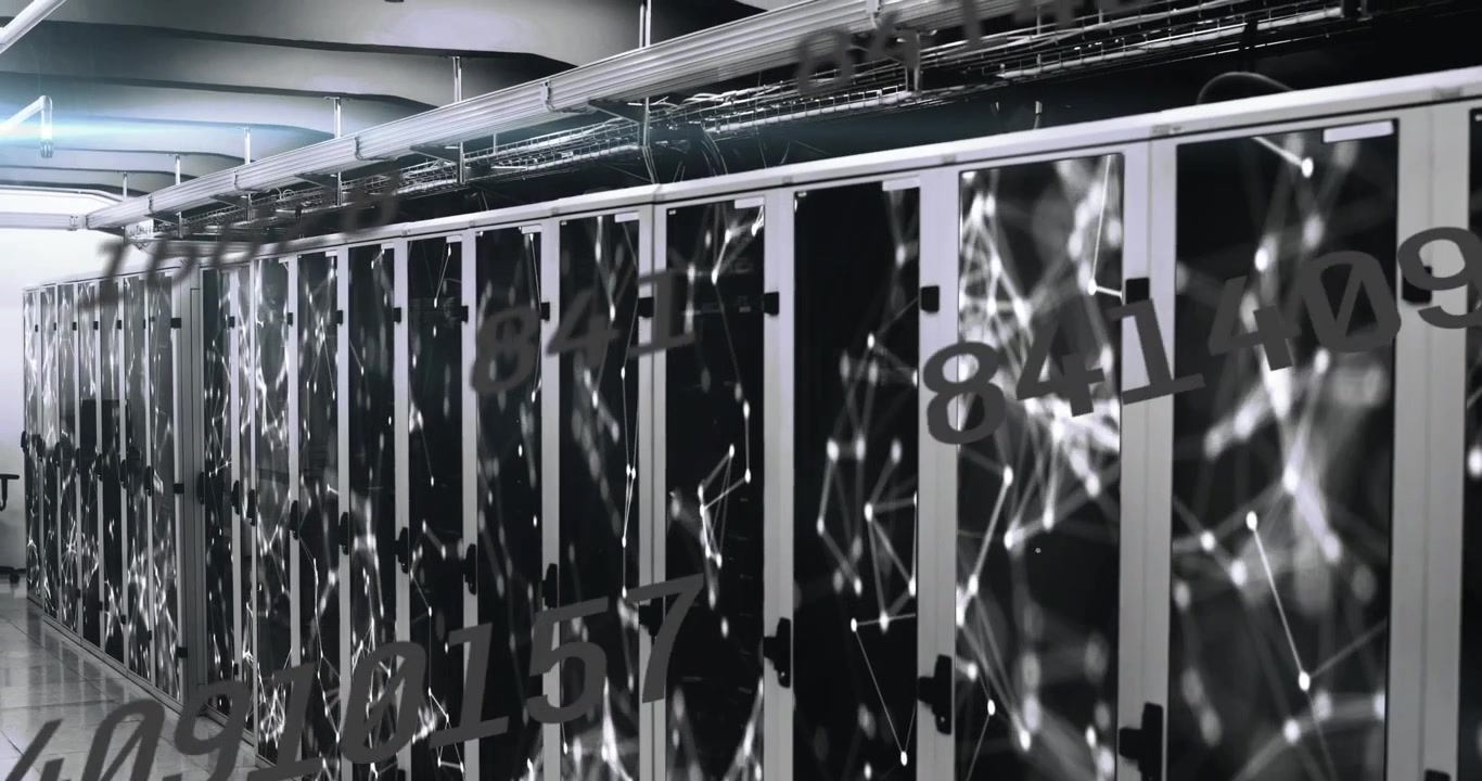 Animation of connections, numbers, data processing over computer servers