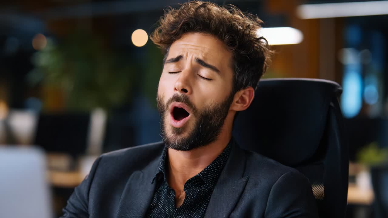 Un uomo d'affari stanco si prende una pausa al lavoro, sopraffatto dalla fatica e dallo stress, si concede un momento di riposo in ufficio seduto su una sedia e rilassandosi