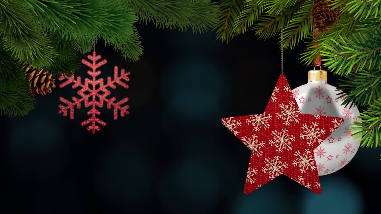 los adornos de navidad y los pinos se balancean en un fondo bokeh en bucle