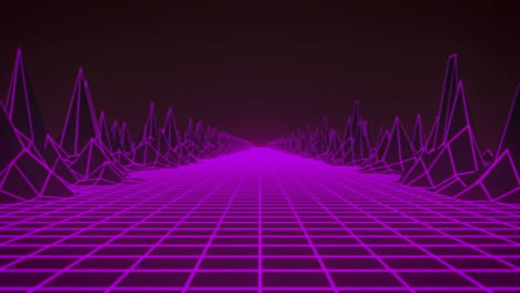Animation-of-glowing-pink-grid-and-map-with-mountains-moving-on-seamless-loop