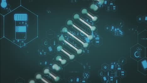 animation of medical icons and dna strand on black background
