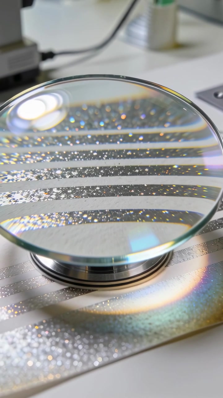 Vertical video: Pulling back view showing convex lens on mount on bench making rings on glitter mat
