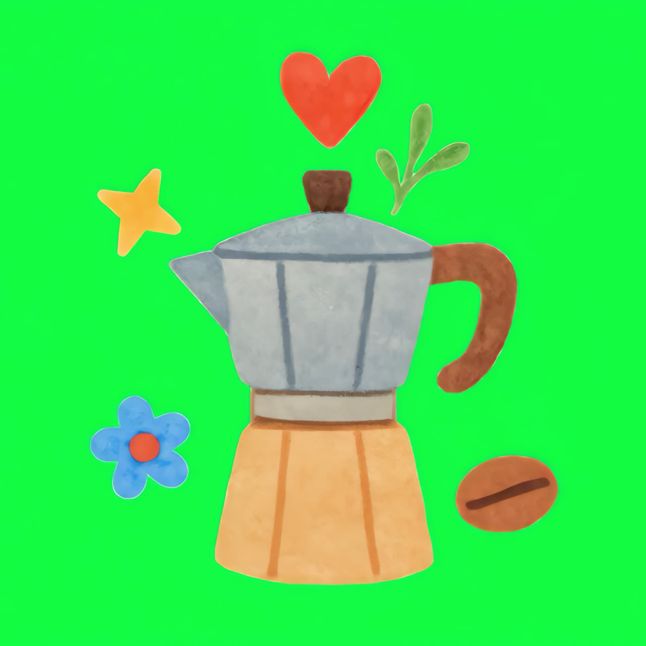 Whimsical coffee-themed illustration animation isolated asset, transparent 4K video, alpha channel