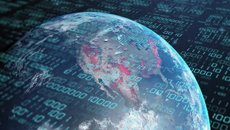 Animation of globe with binary coding and data processing over dark background