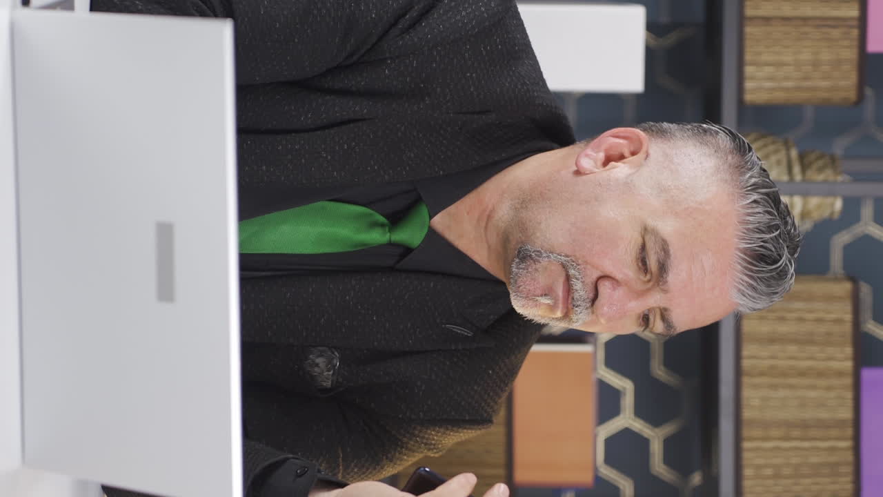 전화 신호와 송신기 문제로 고통받는 사업가의 수직 비디오.