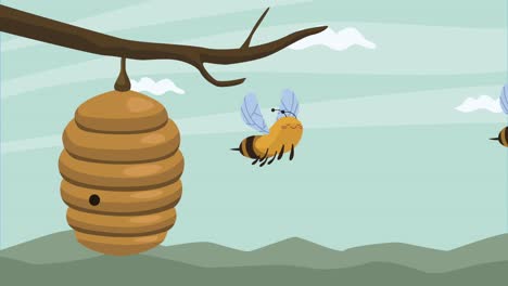 bees in honeycomb spring landscape
