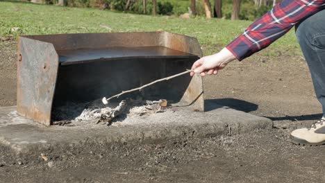 mujer cocina un malvavisco en un palo, al aire libre sobre brasas abiertas