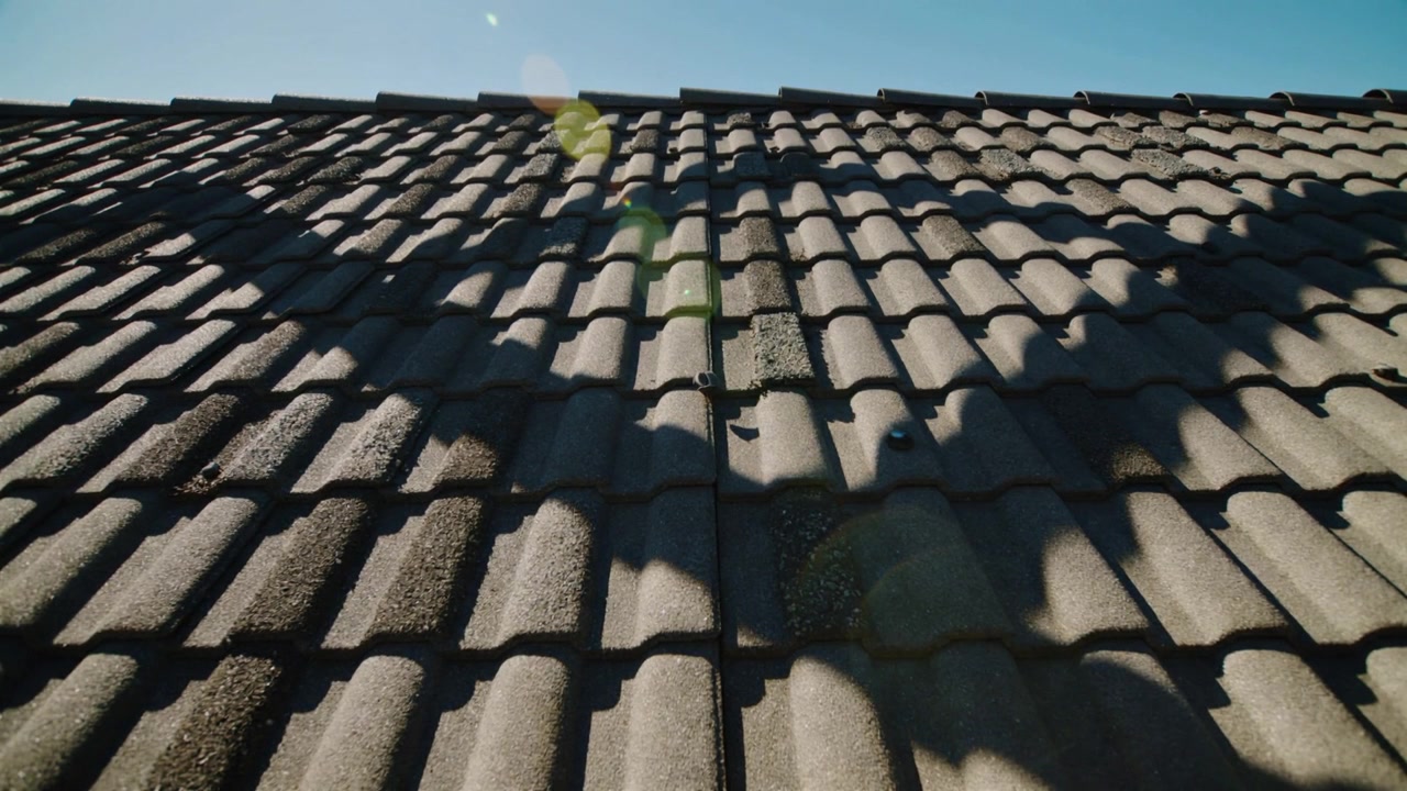 Luce solare che crea un effetto lens flare e illumina il muschio su un tetto di tegole di una casa, con un'ombra visibile.