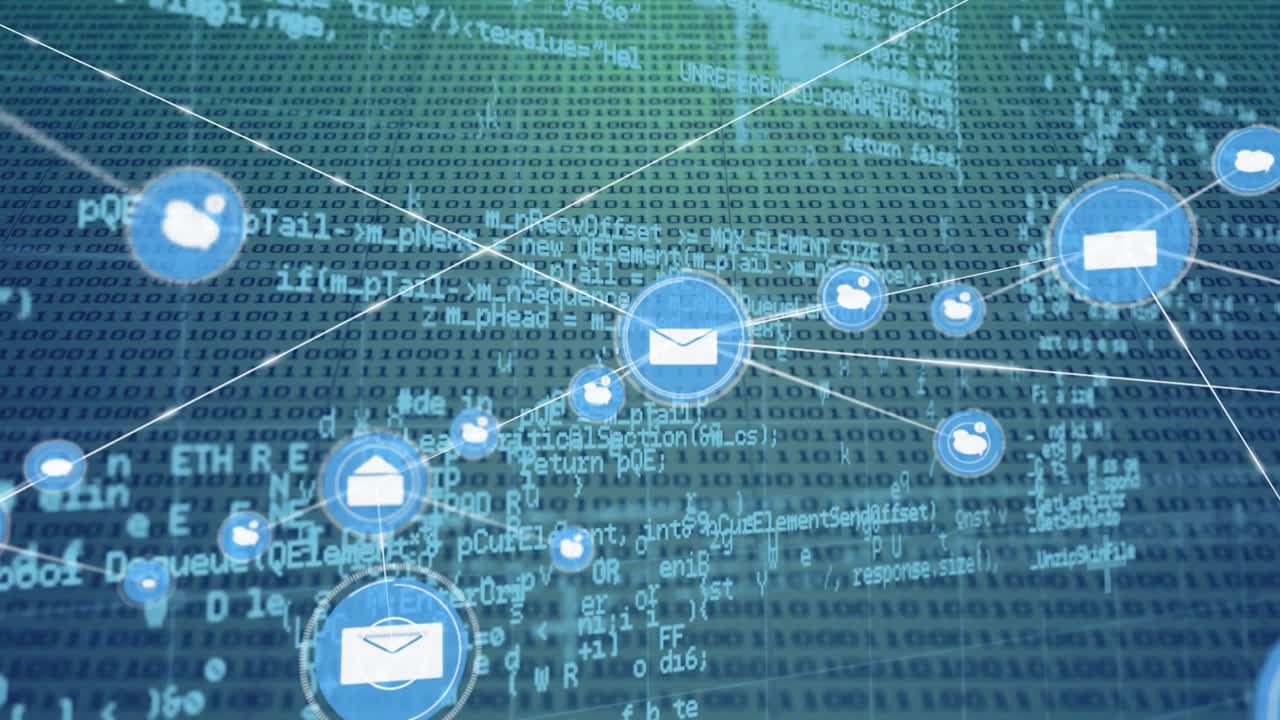 Animasjon av nettverk av forbindelser med ikoner over databehandling på blå bakgrunn
