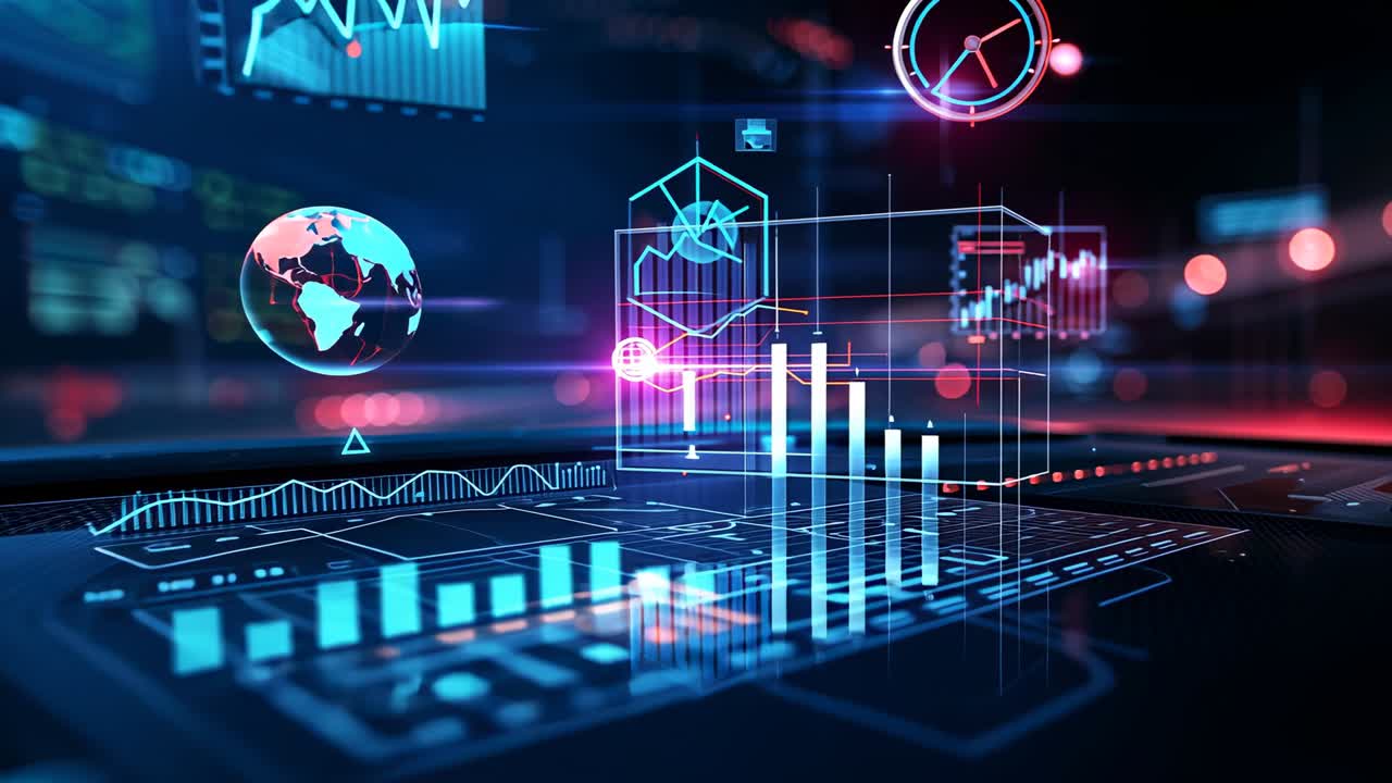 Starting holographic interface unfolding on grid while globe rotating, cube charting, dial pulsing