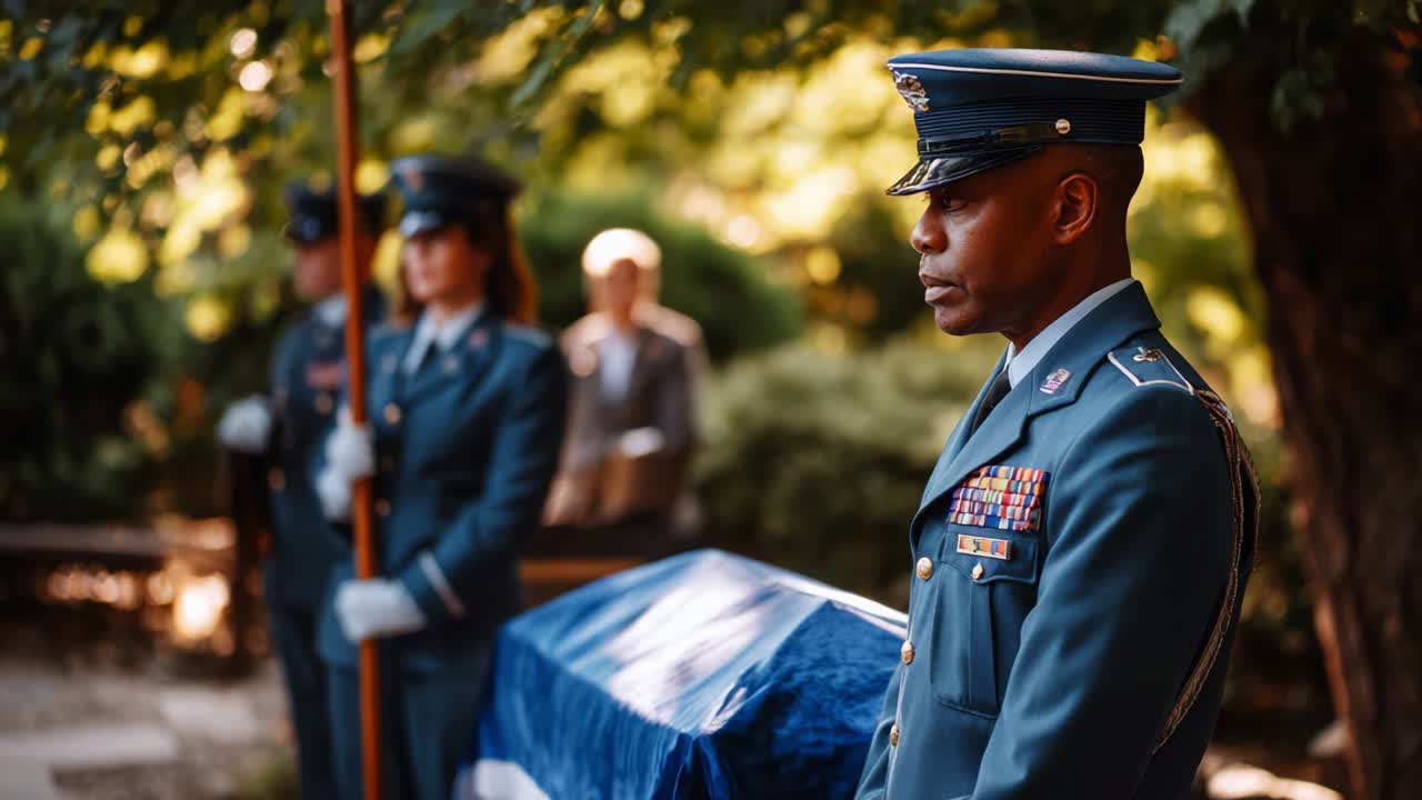 A somber military funeral scene reflecting respect and honor, as service members stand guard in formal attire, paying tribute to a fallen comrade beneath the serene backdrop of nature