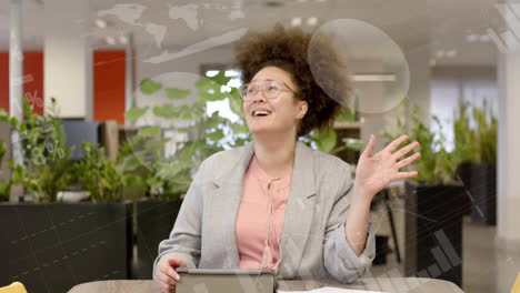 animation of statistics and data processing over biracial woman in office