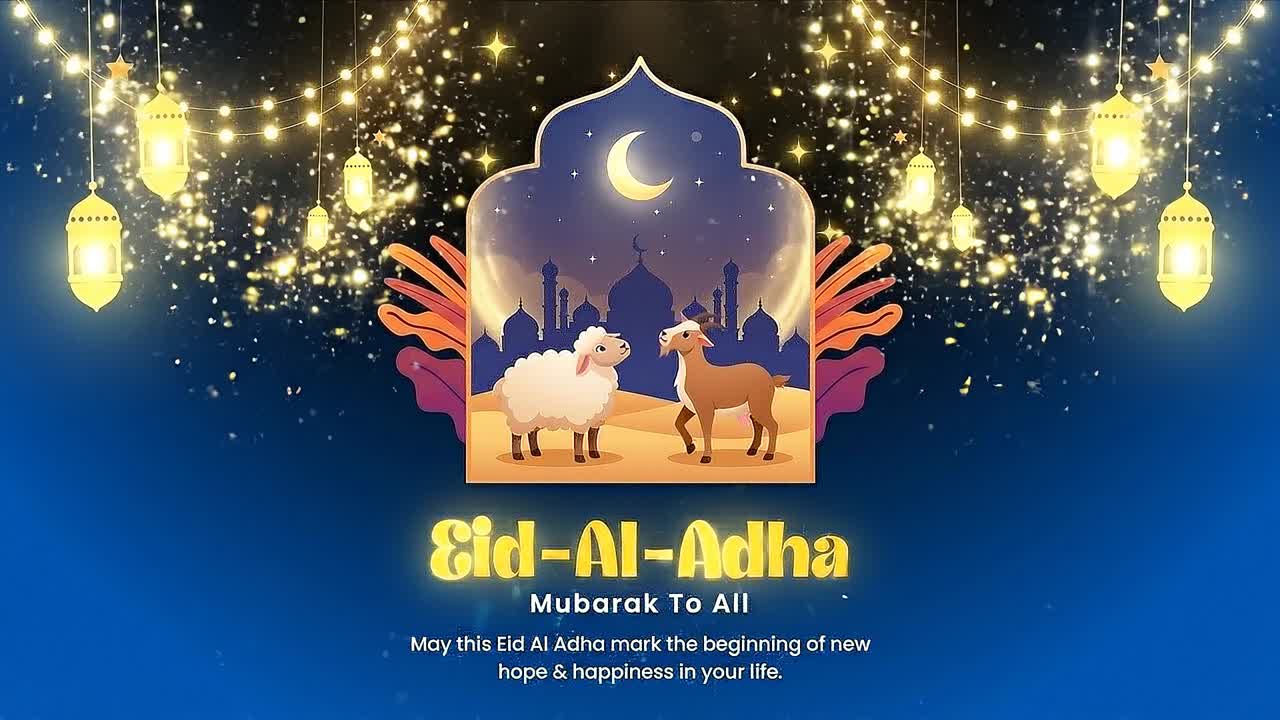 Opera d'arte animata per banner di auguri per Eid al-Adha con silhouette di pecora, capra, moschea e lanterne appese illuminate.