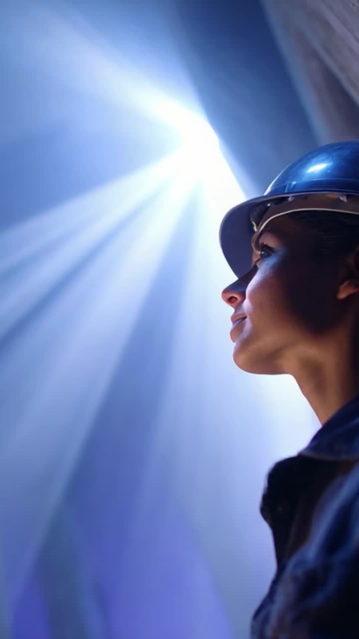 A confident female worker in a hard hat gazes upward, illuminated by beams of light in a dark environment, symbolizing hope, determination, and perseverance in her work