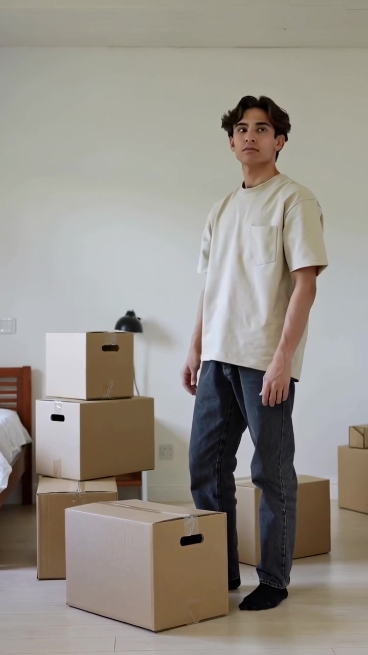 Vertical video: Bending man in beige tee gripping diecut box handles in bedroom, planning move
