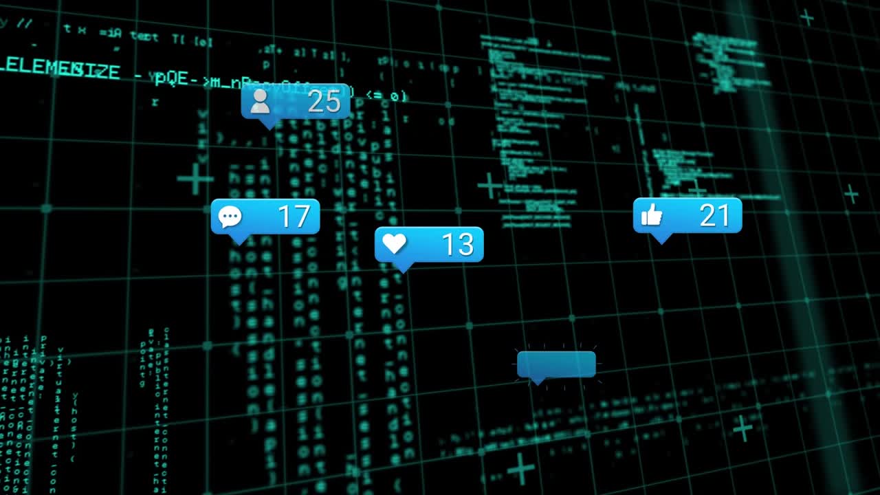 This animation shows social media and digital interface icons on a transparent background