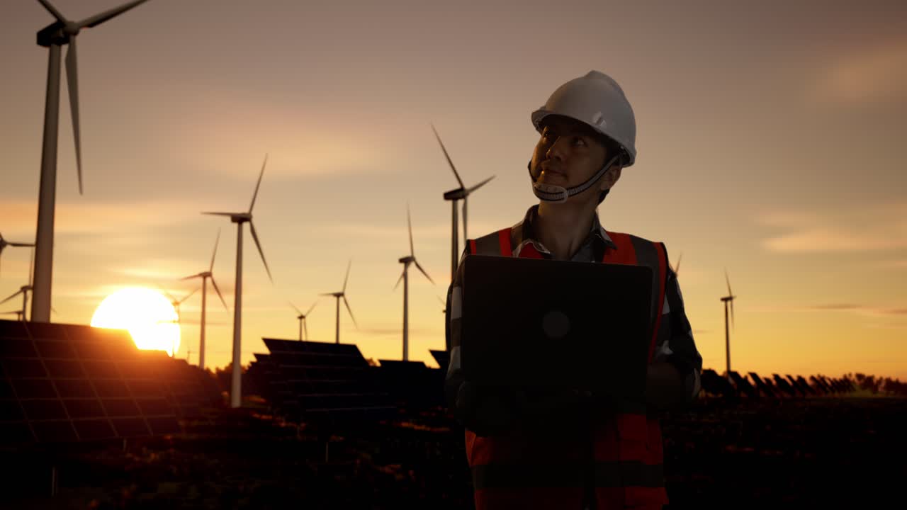 Engineer at a Wind and Solar Farm at Sunset