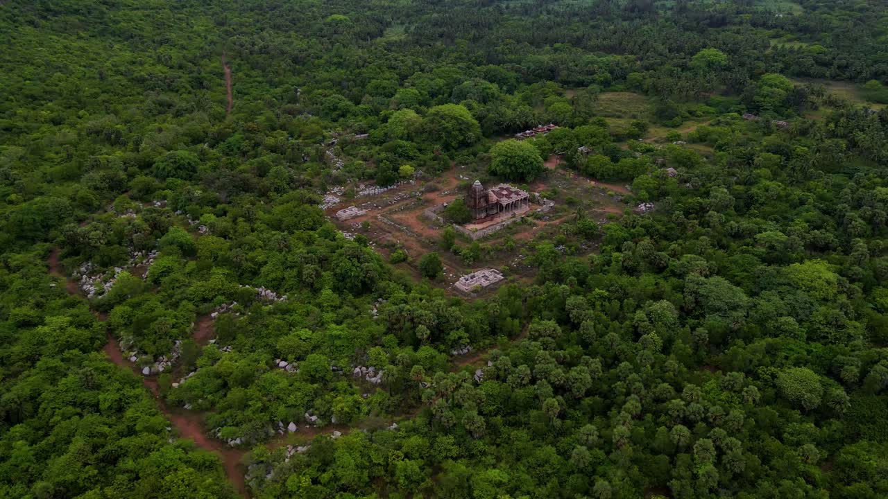 tomada panorámica aérea de un bosque verde exuberante en las montañas de vizag, con las olas del océano golpeando suavemente la costa.