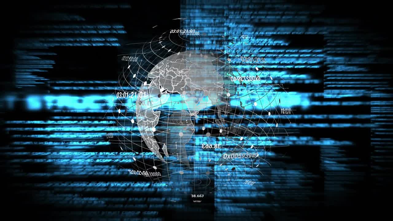 On sliding cyan streaks, 3D globe spinning, nodes pulsing, codes updating, showing network activity