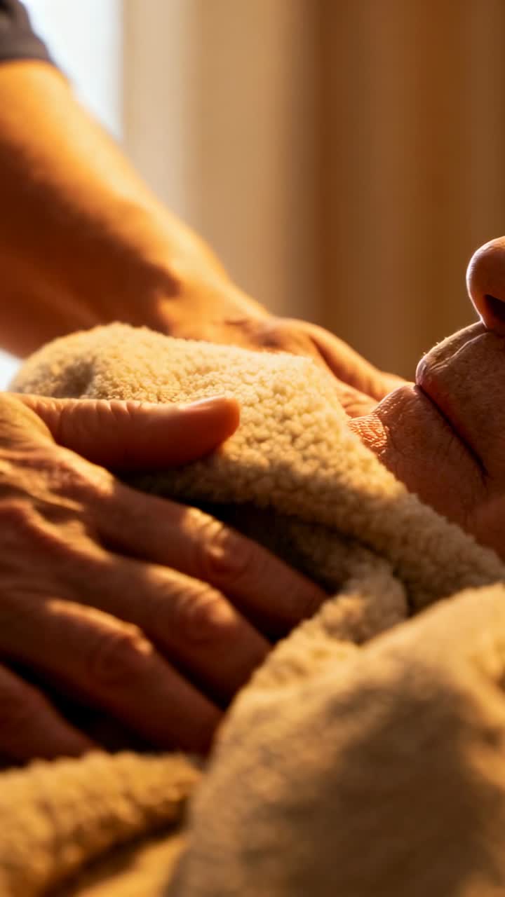 Assistente che si avvicina tenendo una coperta beige, lisciandola e rimboccandola per il comfort di un anziano in un contesto sanitario.