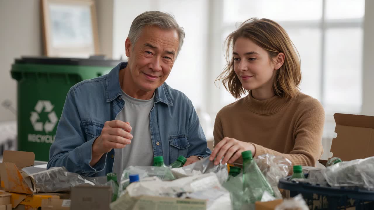 Picking pouch, pair in denim shirt and brown turtleneck sorting bottles for recycling at home