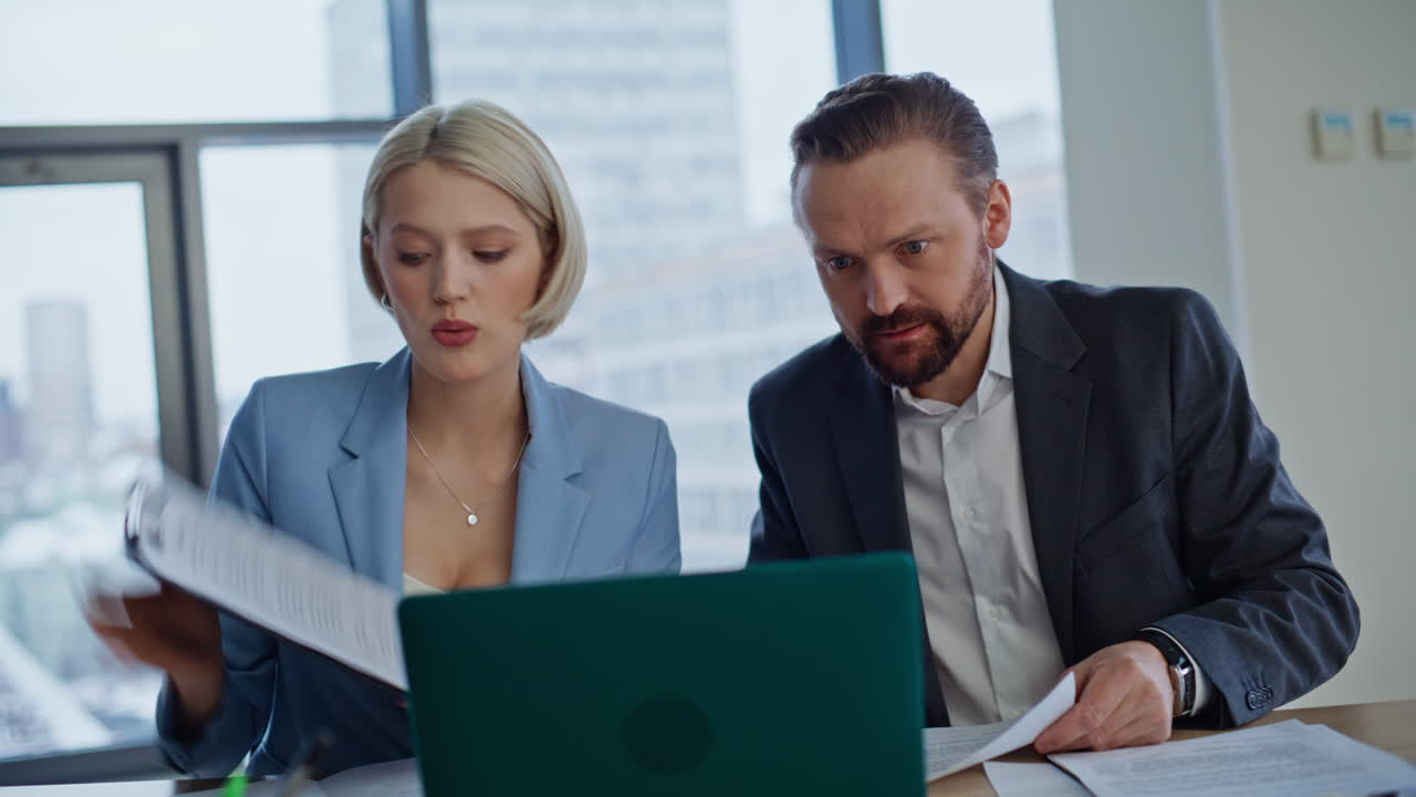 Nervous specialists arguing online at window office closeup. Stressed coworkers