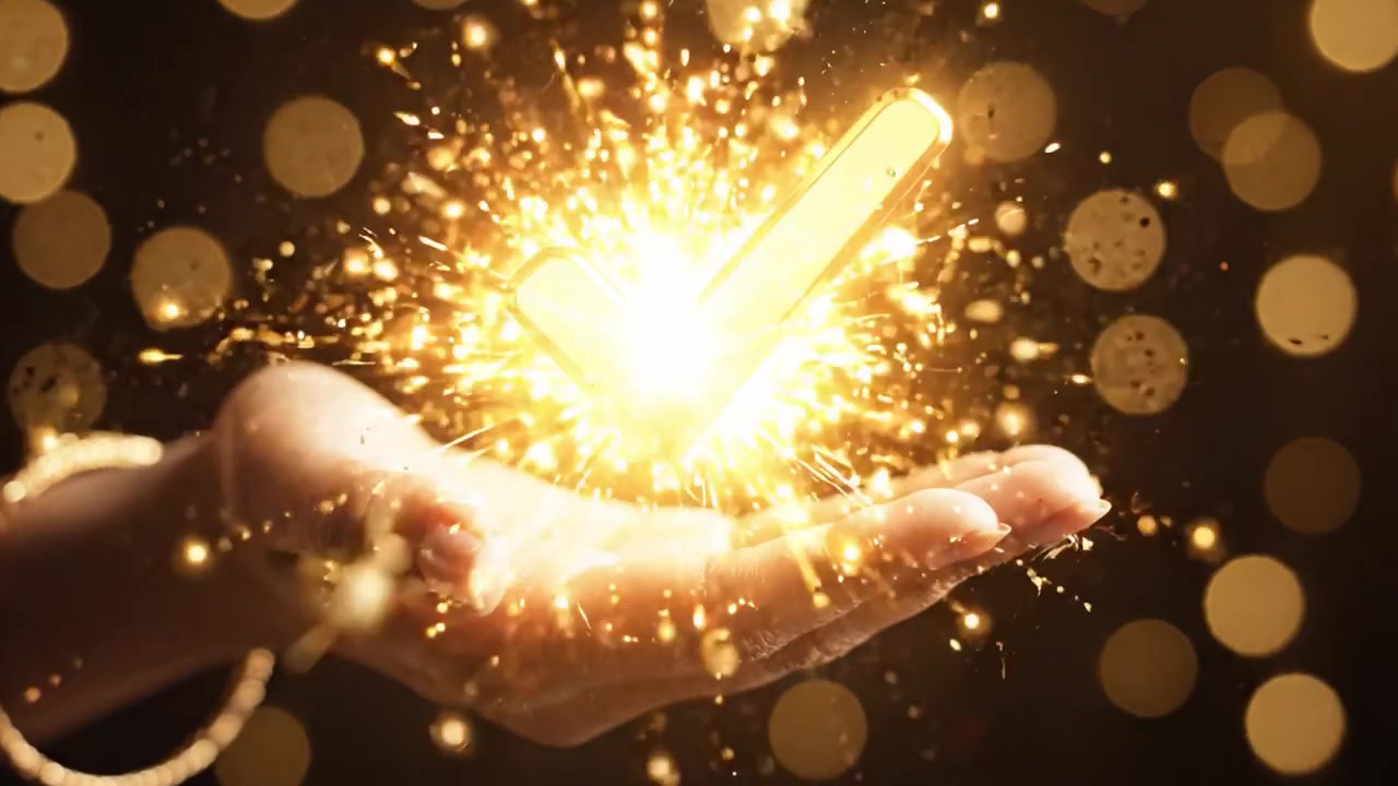 Uma Mão Segurando um Visto Dourado Brilhante, Simbolizando Aprovação e Sucesso Contra um Fundo Brilhante de Luzes Suaves.