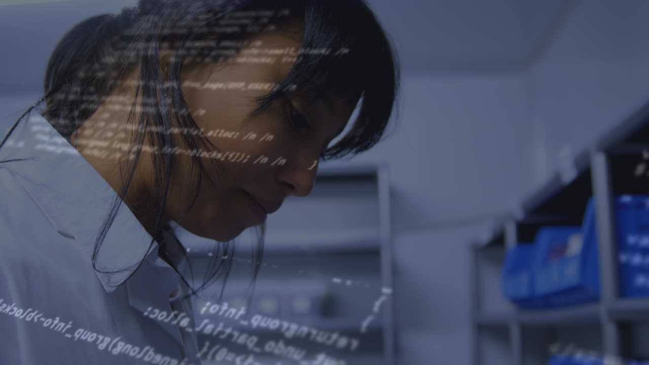 Digital composition of data processing against female health worker working in laboratory