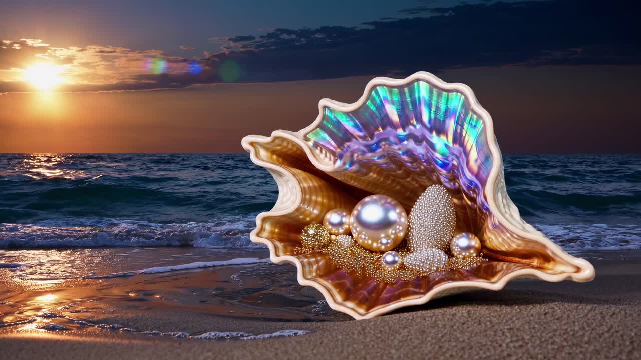Iridescent seashell filled with various sized pearls and gold nuggets resting on sandy beach as gentle waves lap the shore during a serene sunset over the ocean