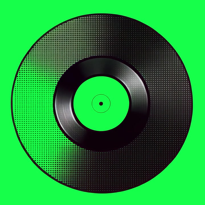 Animated Halftone Vinyl Record Spinning on Bright Green Background