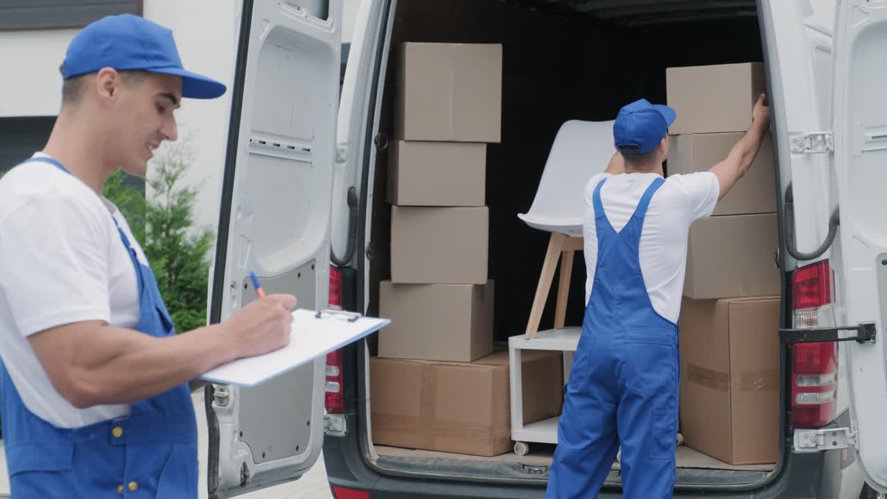 이송 회사 의 두 명의 젊은 노동자 들 이 미니버스 에 상자 와 가구 를 실고 있다