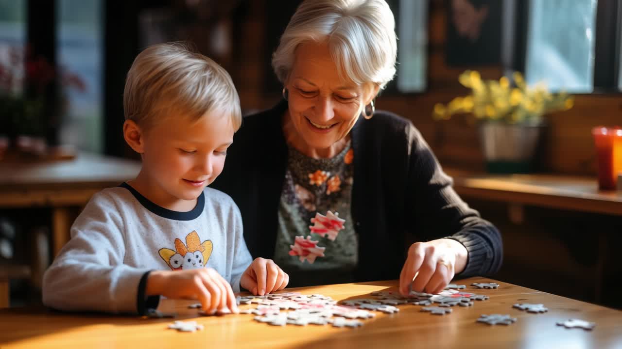 Senior woman with grandchild assembling puzzle, leaning close together, fingers guiding colorful cardboard pieces across wooden surface, intergenerational connection and gentle interaction