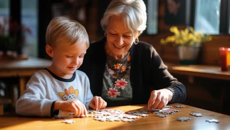 senior woman with grandchild assembling puzzle, leaning close together, fingers guiding colorful cardboard pieces across wooden surface, intergenerational connection and gentle interaction