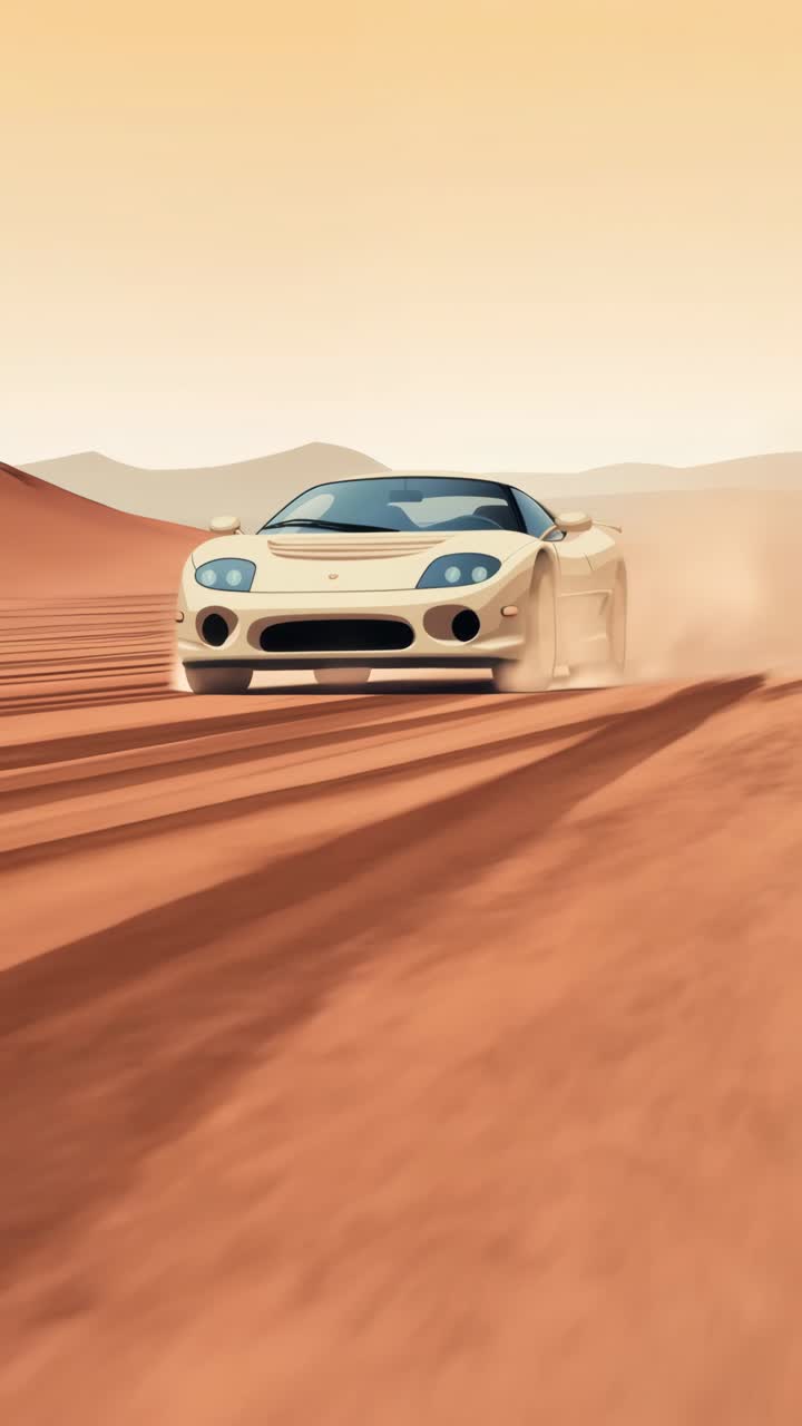 Dynamic low-angle shot of a sleek sports car speeding on a desert road, capturing a cinematic video